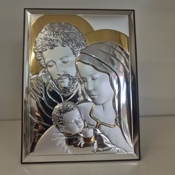 Holy Family silver plaque on wood with golden decoration